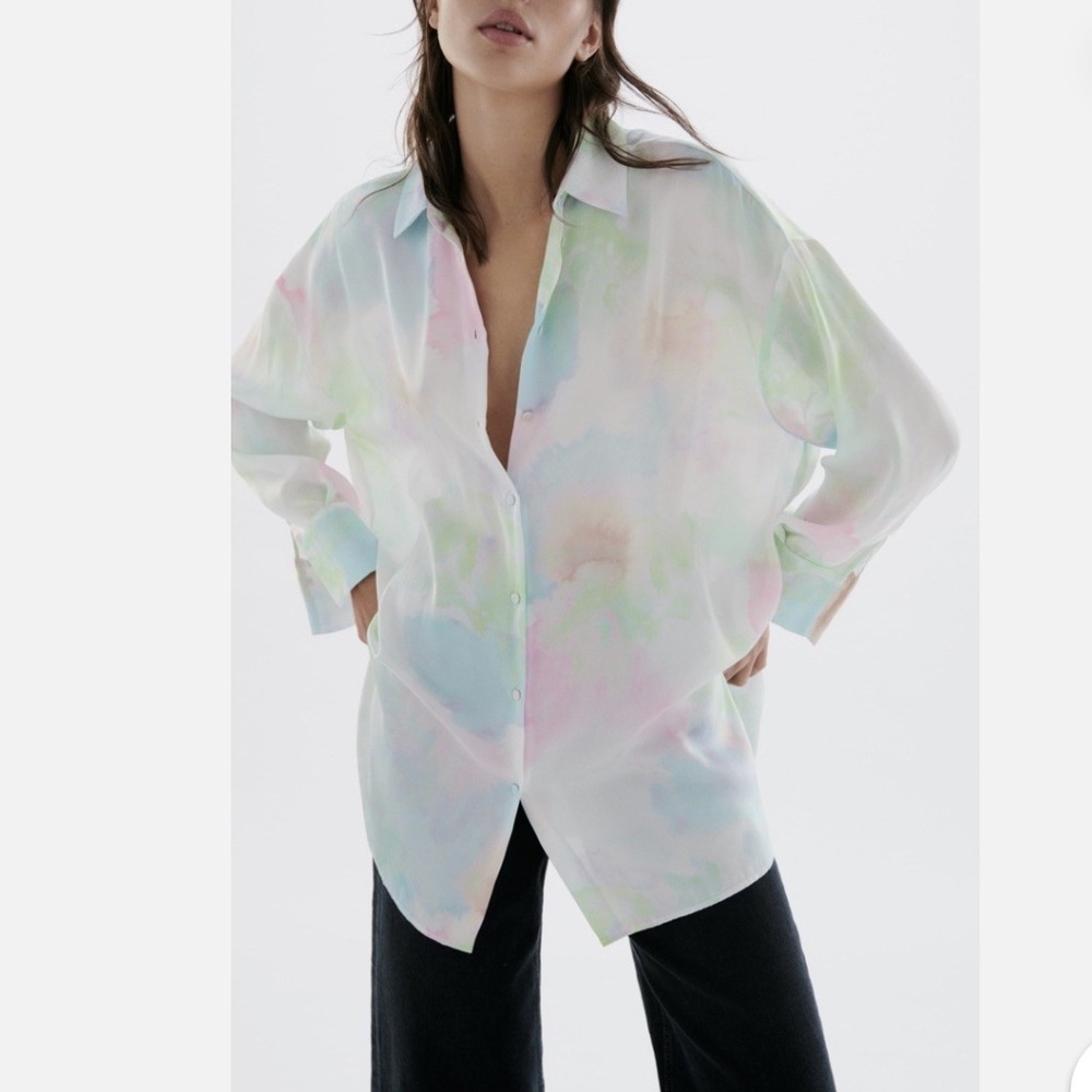 Zara Tie Dye Pastel Oversized Button Down Blouse Silk Satin Effect Small